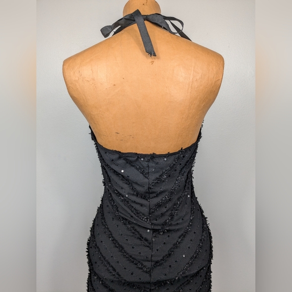 Vintage Y2K Honey Punch Little Black Mini Dress Halter Neck Size Medium Sequins - Picture 6 of 11
